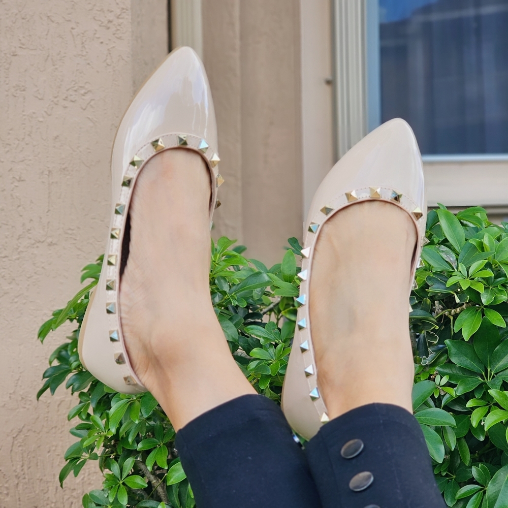 Womens Studded Flat Closed Pointed Toe Sandal Nude Color - Picture 4 of 5